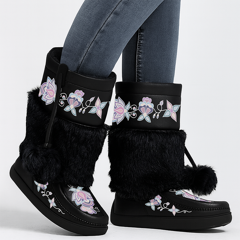 Snow Petal Spirit Real Black Leather MocLux Calf with Fur