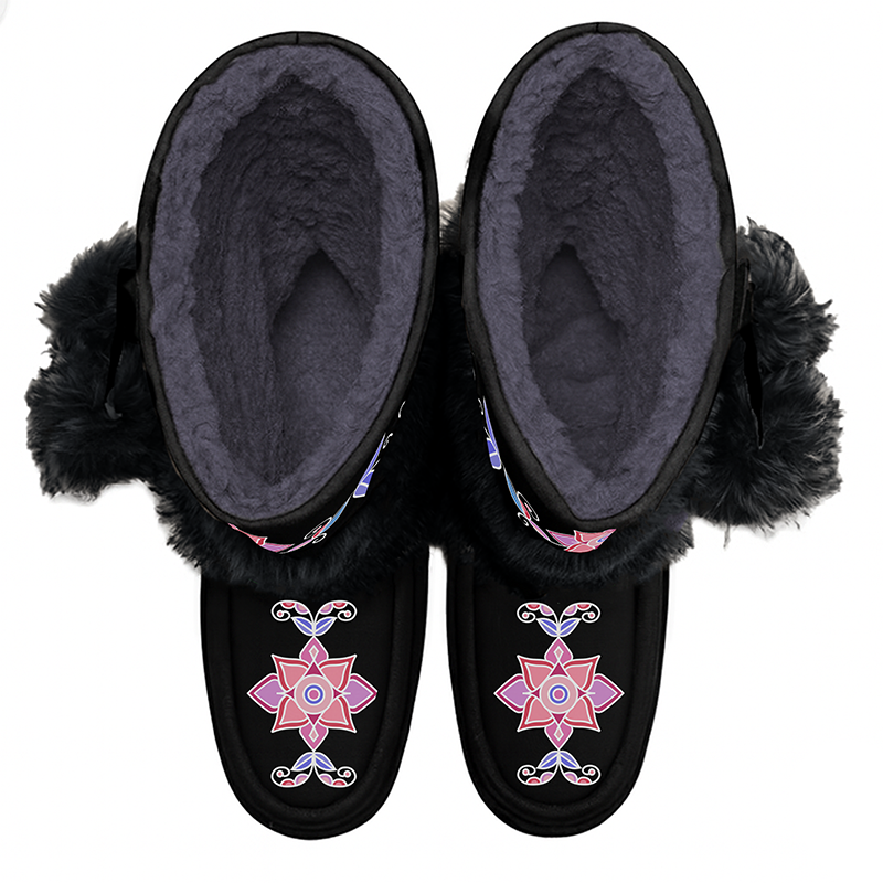 Frost Flower Circle Real Black Leather MocLux Calf with Fur