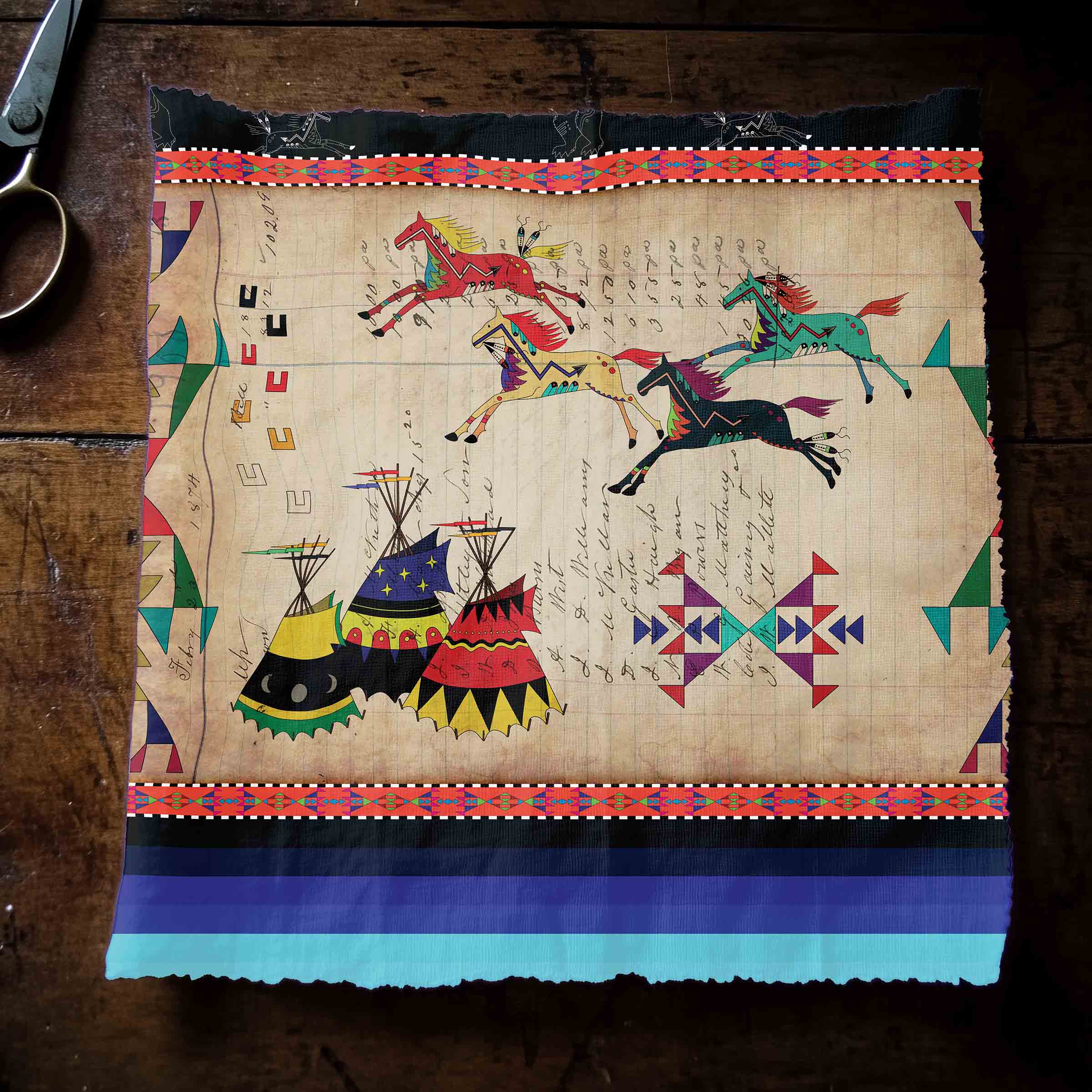 Ledger Horses Running Black Sky Cotton Poplin