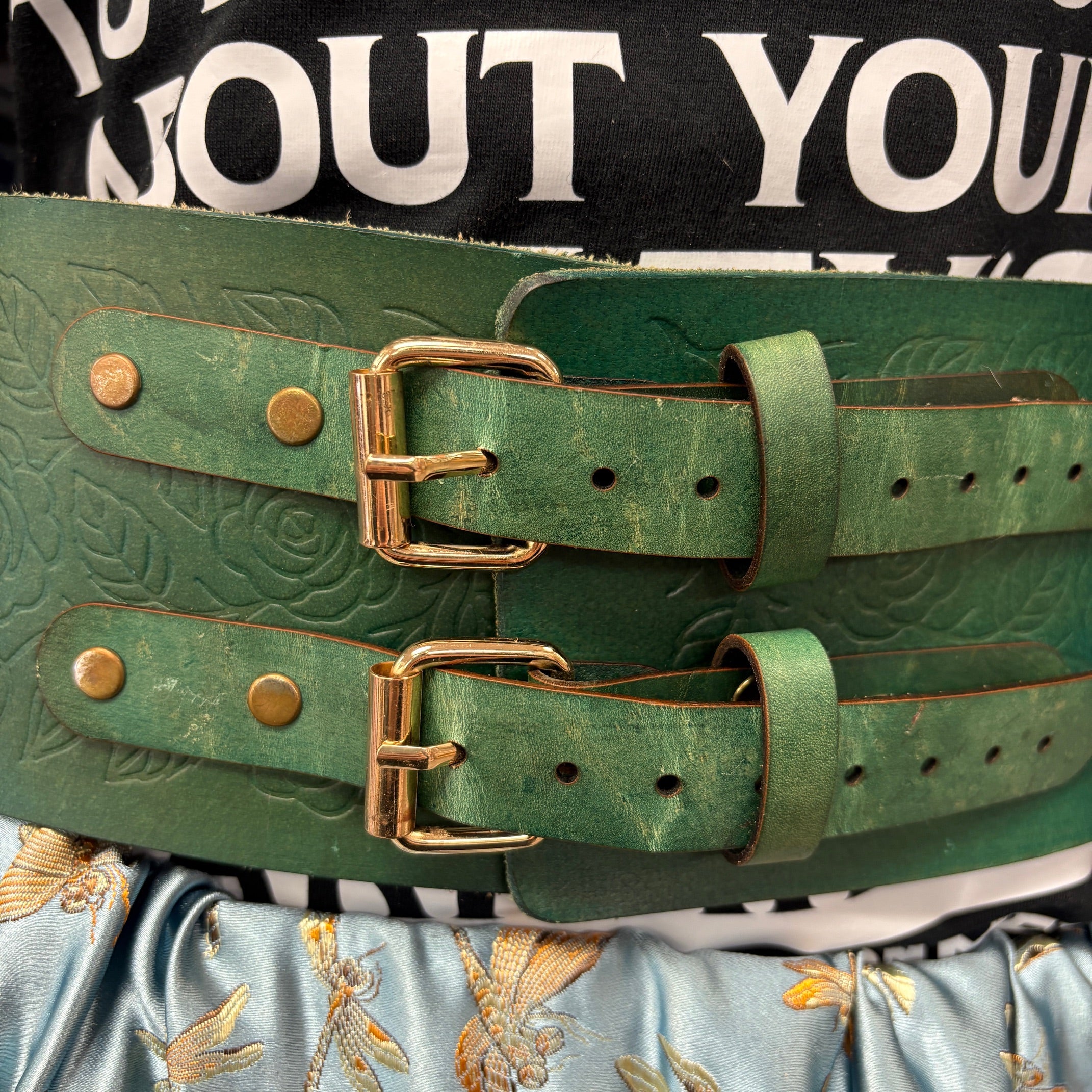 Handmade 33 in Forest Green Roses Buffalo Belt
